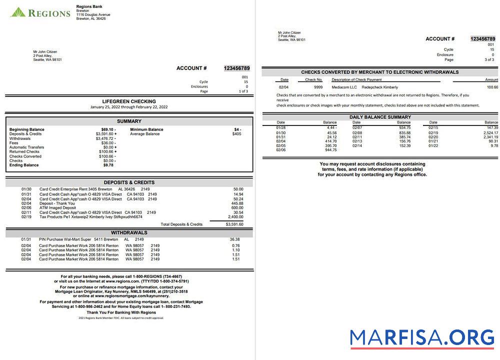 Printable Regions bank statement word 3 page example